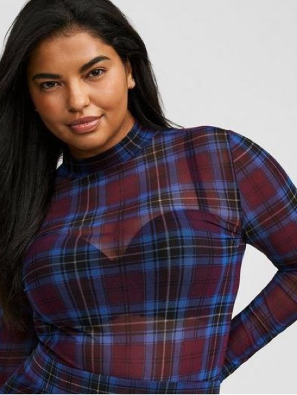 Torrid Semi Sheer Mock Neck Purple Blue Plaid Long Sleeve Top Plus Size 2X